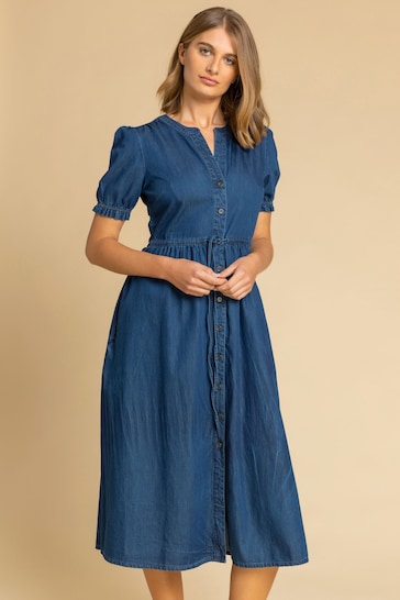 Roman Blue Puff Sleeve Denim Belted Midi Dress