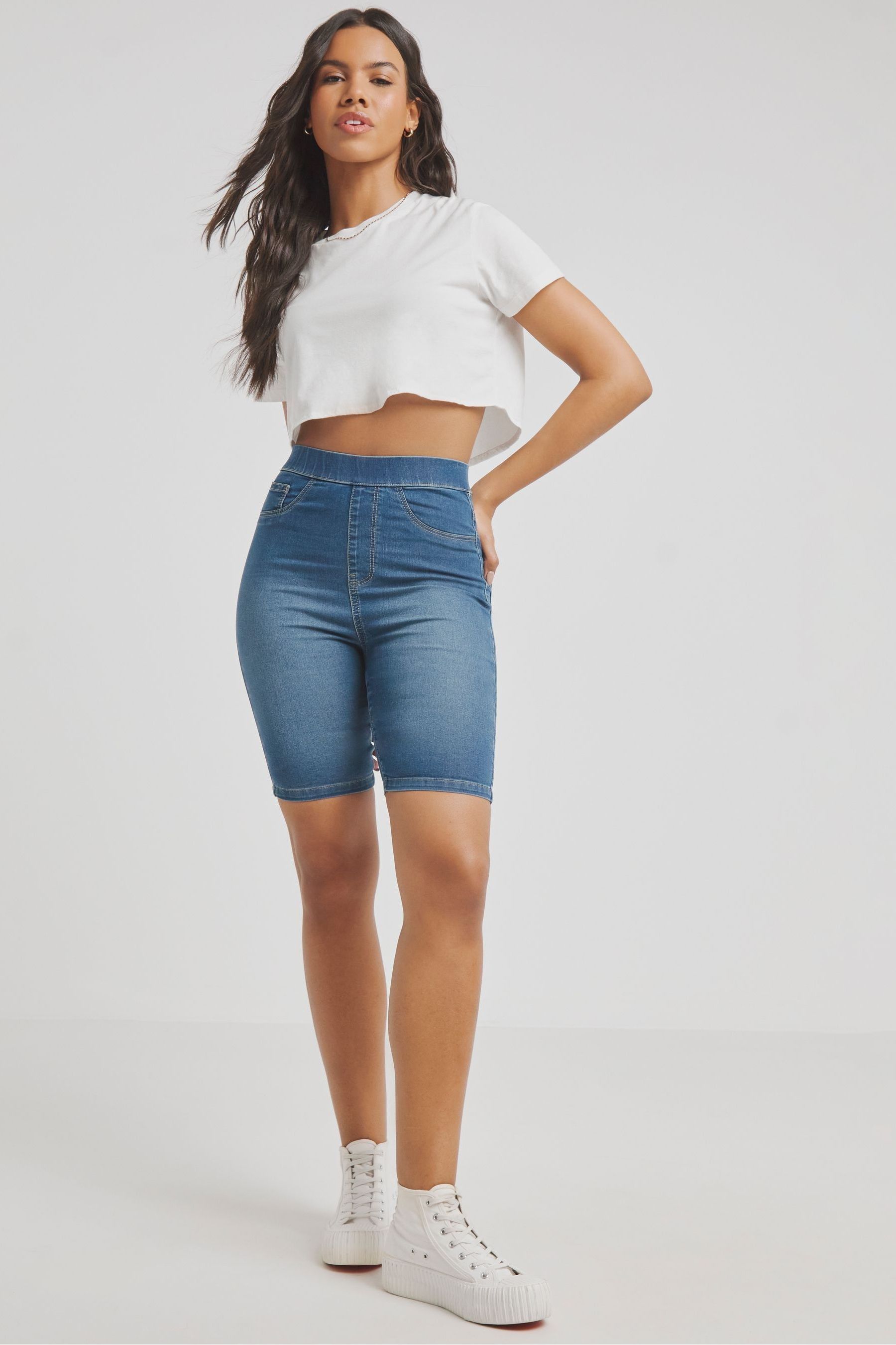 Buy Simply Be Blue Pull On Denim Cycling Shorts from the Next UK online shop