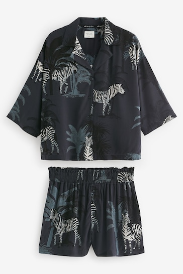 Charcoal Grey Zebra Button Through Short Set Pyjamas