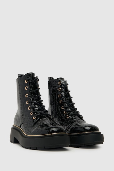 Schuh Arielle Patent Hardware Black Boots