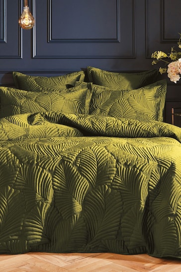 Paoletti Green Palmeria Quilted Velvet Duvet Cover and Oxford Border Pillowcase Set