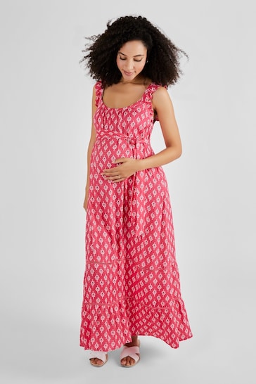 JoJo Maman Bébé Pink Batik Print Flutter Sleeve Maternity Maxi Dress