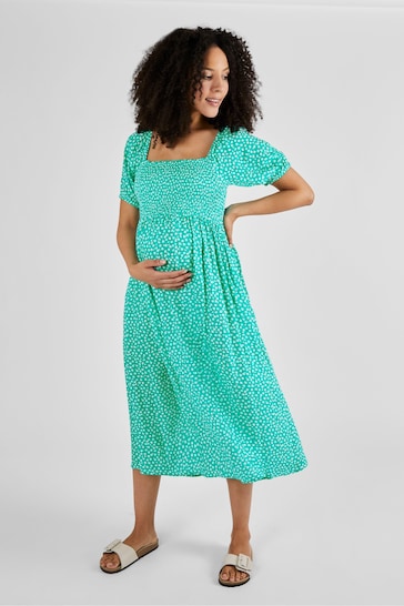 JoJo Maman Bébé Green Ditsy Shirred Maternity Midi Dress