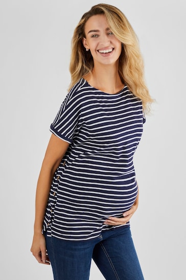 JoJo Maman Bébé Navy Blue & White Stripe Drop Shoulder Maternity & Nursing T-Shirt