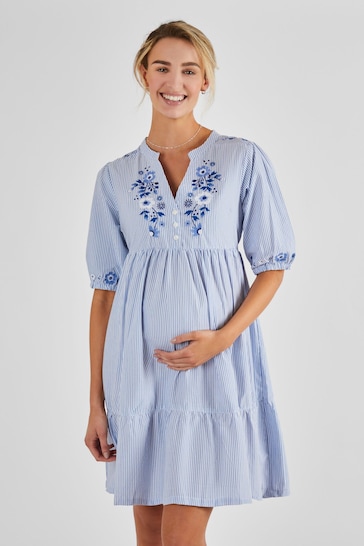 JoJo Maman Bébé Blue Tiered Embroidered Maternity Shirt Dress