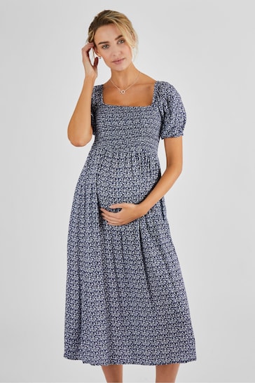 JoJo Maman Bébé Navy Blue Ditsy Shirred Maternity Midi Dress