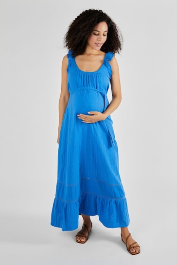 JoJo Maman Bébé Blue Flutter Sleeve Maternity Maxi Dress