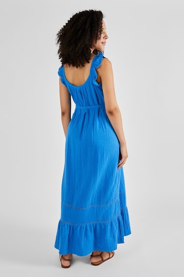 JoJo Maman Bébé Blue Flutter Sleeve Maternity Maxi fringed Dress