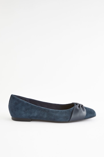 Navy Forever Comfort® Leather Square Toe Bow Ballerinas