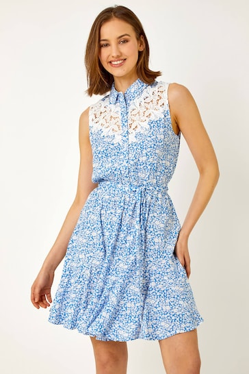 Roman Blue Sleeveless Lace Trim Floral Shirt Dress