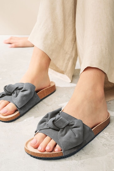 Grey Bow Footbed Sliders