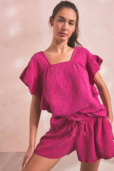 Pink Crinkle Frill Sleeve Top