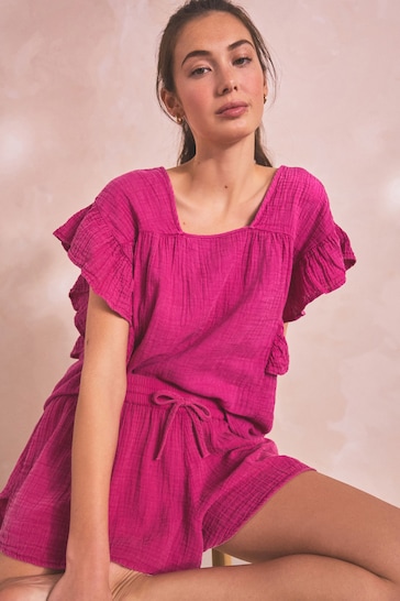 Pink Crinkle Frill Sleeve Top