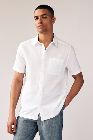 White Standard Collar Linen Blend Short Sleeve Shirt