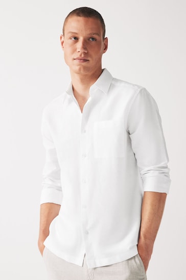 White Linen Blend Long Sleeve Shirt