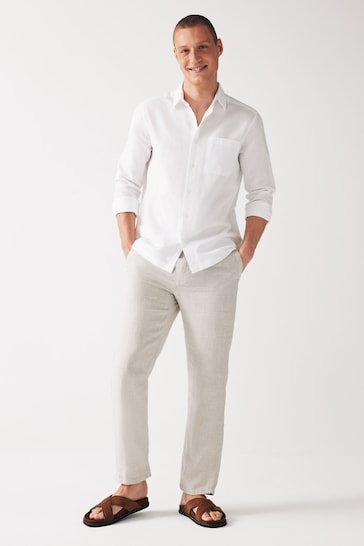 White Linen Blend Long Sleeve Shirt