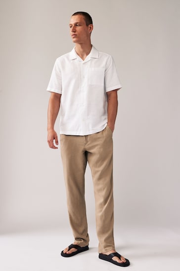 White Cuban Collar Linen Blend Short Sleeve Shirt