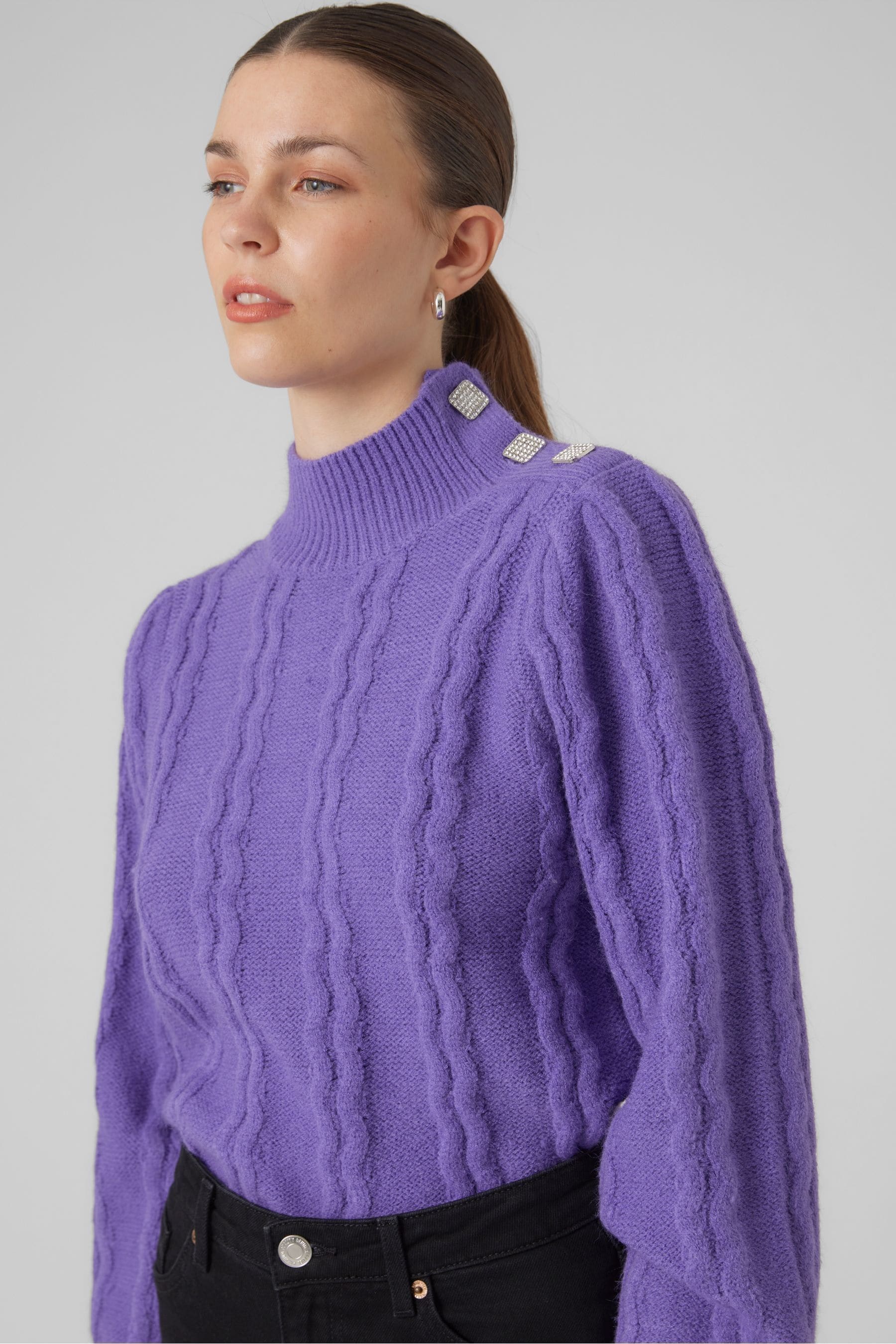 Buy VERO MODA Purple High Neck Cable Knit Jumper with Diamante