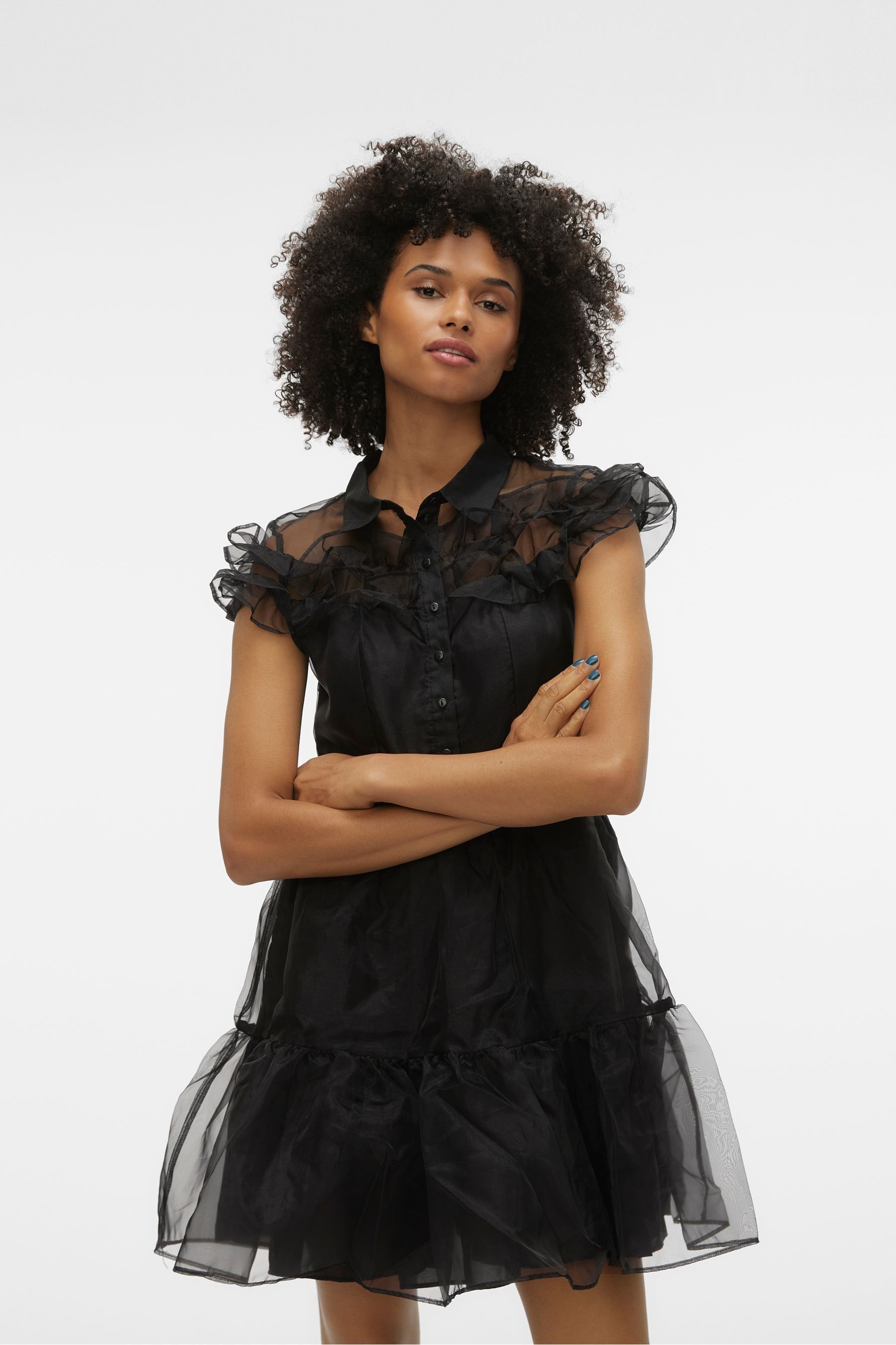 Black mesh ruffle dress discount