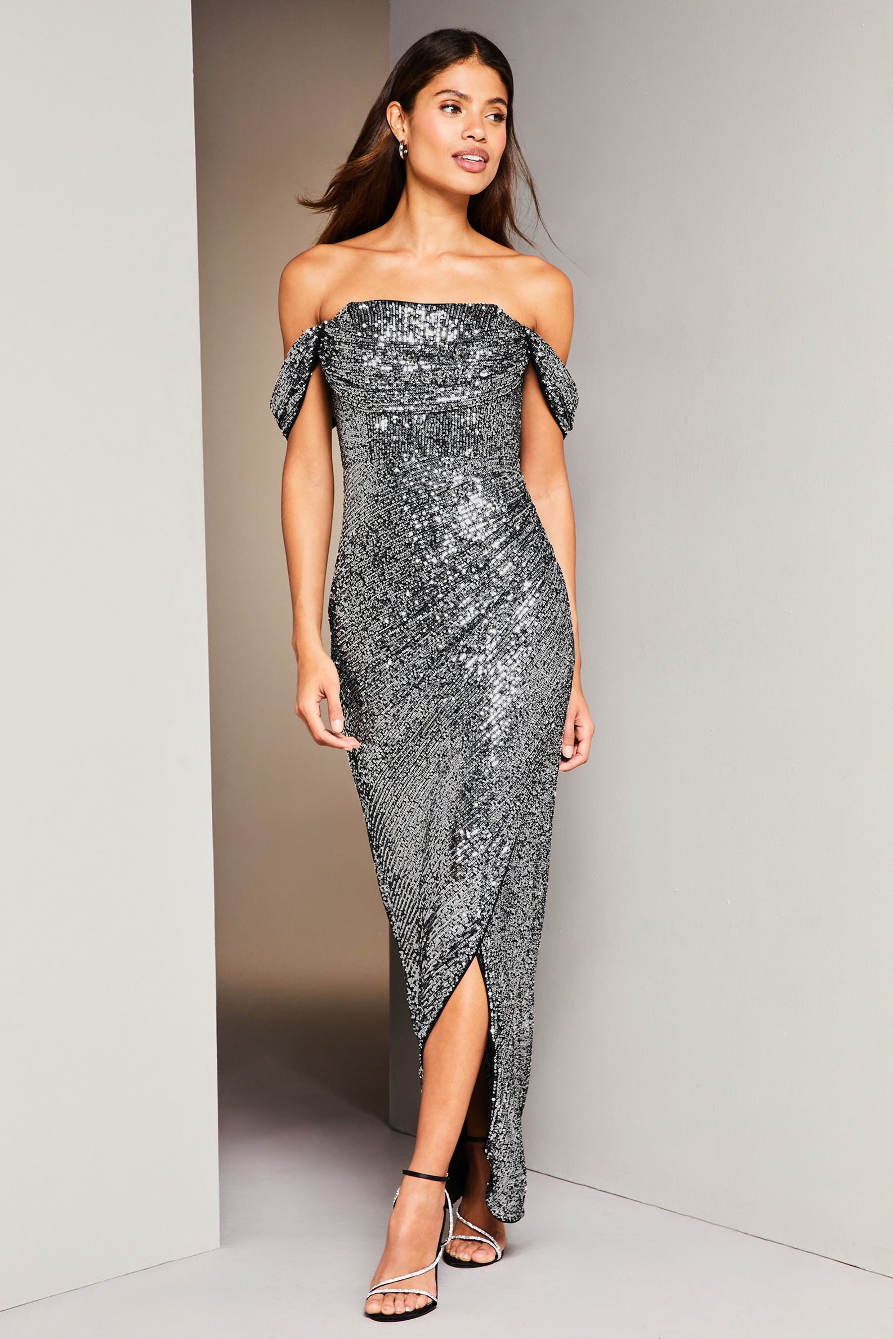 Lipsy Silver Sequin Bardot Split Drape Maxi Dress