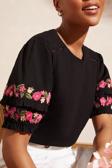 Love & Roses Black Embroidered Short Puff Sleeve Jersey T-Shirt