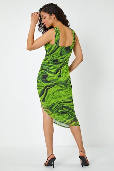 Dusk Green Swirl Print Ruched Stretch Dress