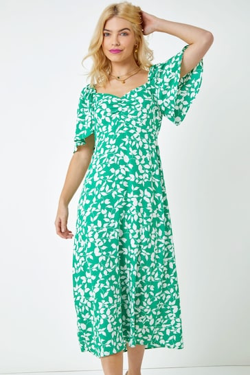 Dusk Green Floral Print Ruched Midi Dress