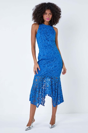 Dusk Blue Sleeveless Stretch Lace Midi Dress