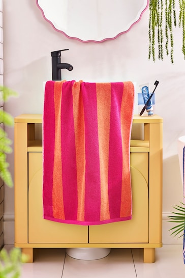 Pink/Orange Bright Block Stripe 100% Cotton Towel