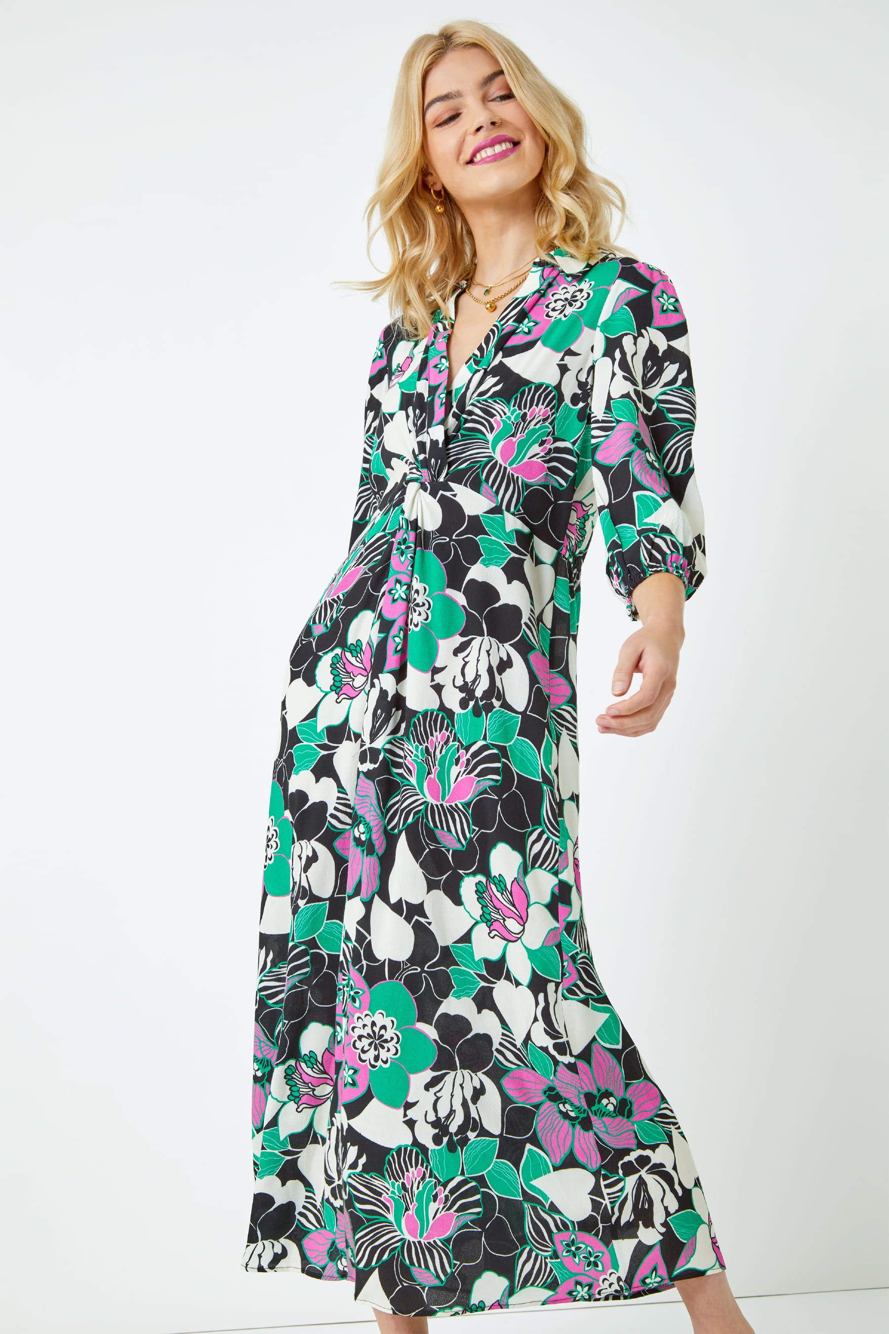 Dusk Black Floral Twist Front Maxi Shirt Dress