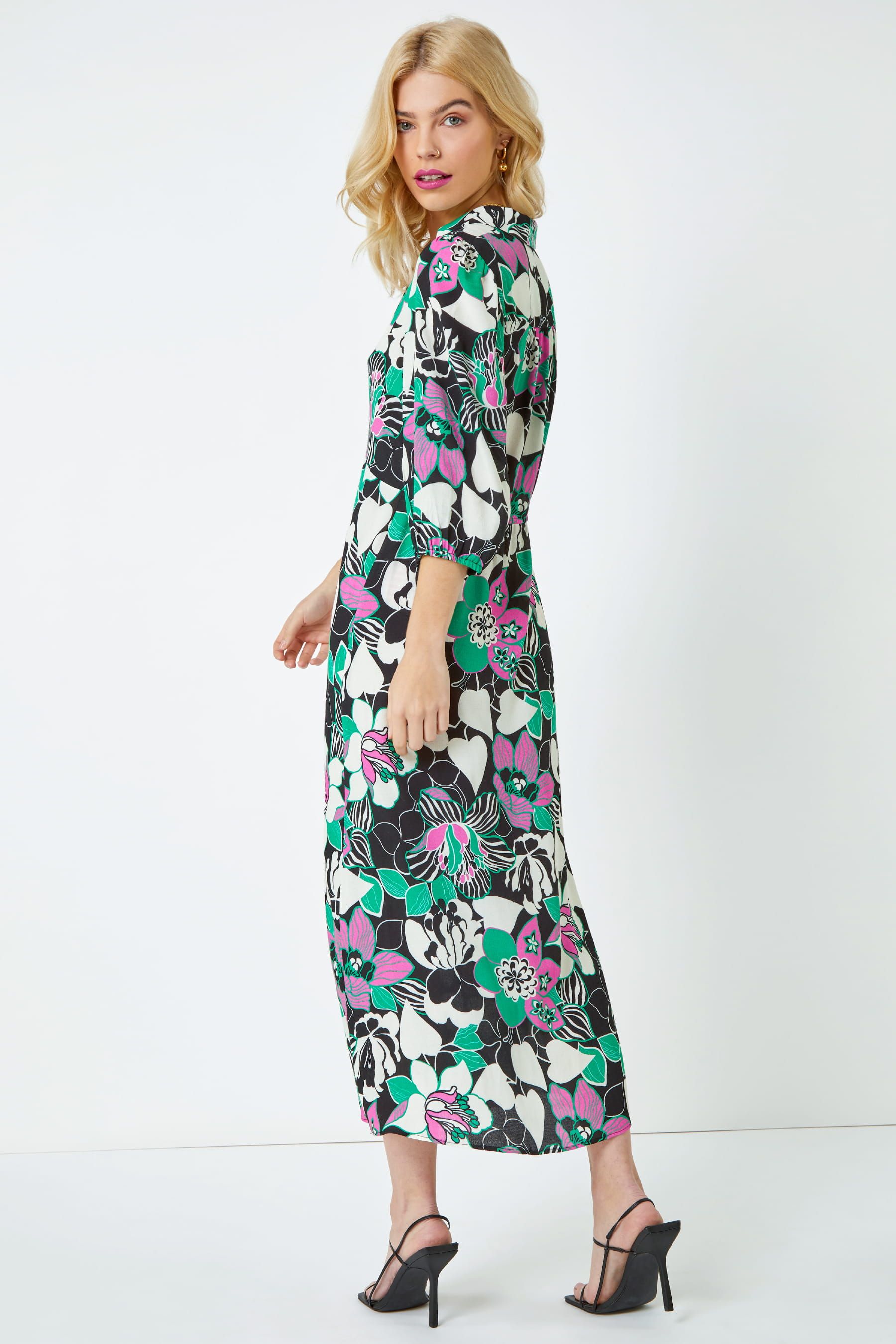 Dusk Black Floral Twist Front Maxi Shirt Dress