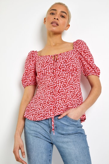 Dusk Red Ditsy Floral Tie Neck Peplum Top