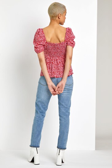Dusk Red Ditsy Floral Tie Neck Peplum Top