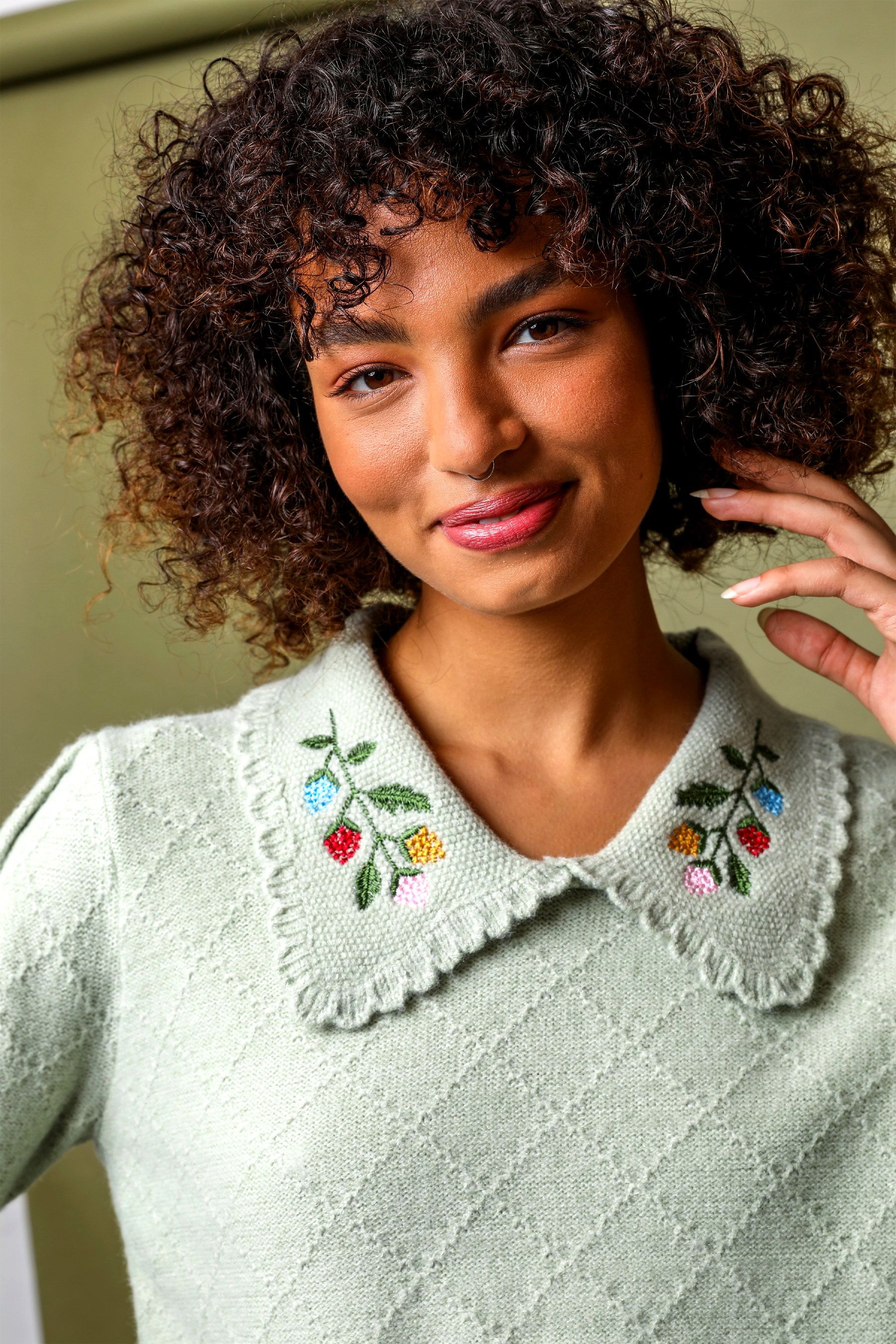 Buy Dusk Green Floral Embroidered Collar Jumper from the Next UK