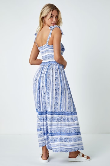 Dusk Blue Border Print Shoulder Tie Maxi Dress