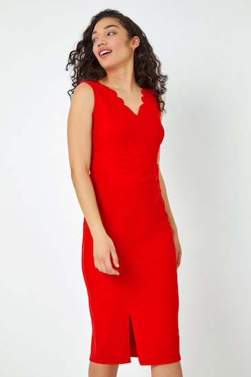 Dusk Red Sleeveless Scallop Detail Stretch Dress