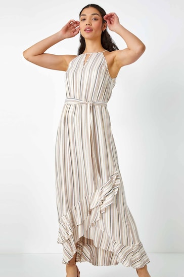 Dusk White Stripe Print Frill Detail Maxi Cardigan Dress