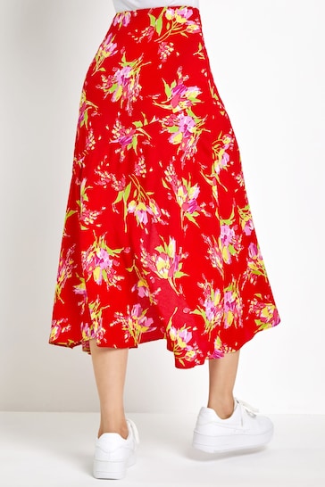 Dusk Red Floral Asymmetric Frill Midi Skirt