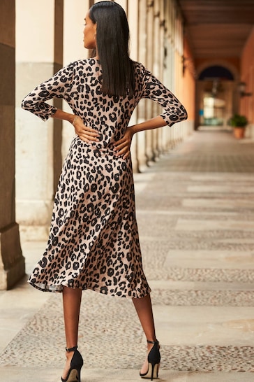 Sosandar Brown Leopard Print Twist Front Midi Dress