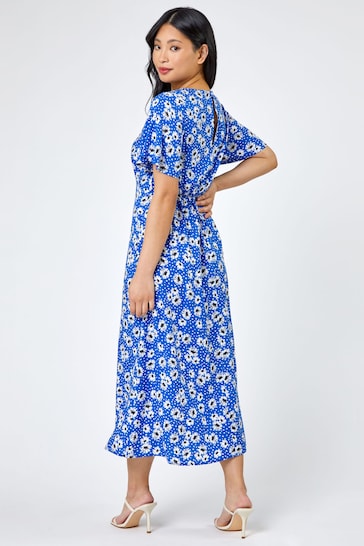Roman Blue Petite Floral Print Flute Sleeve Dress