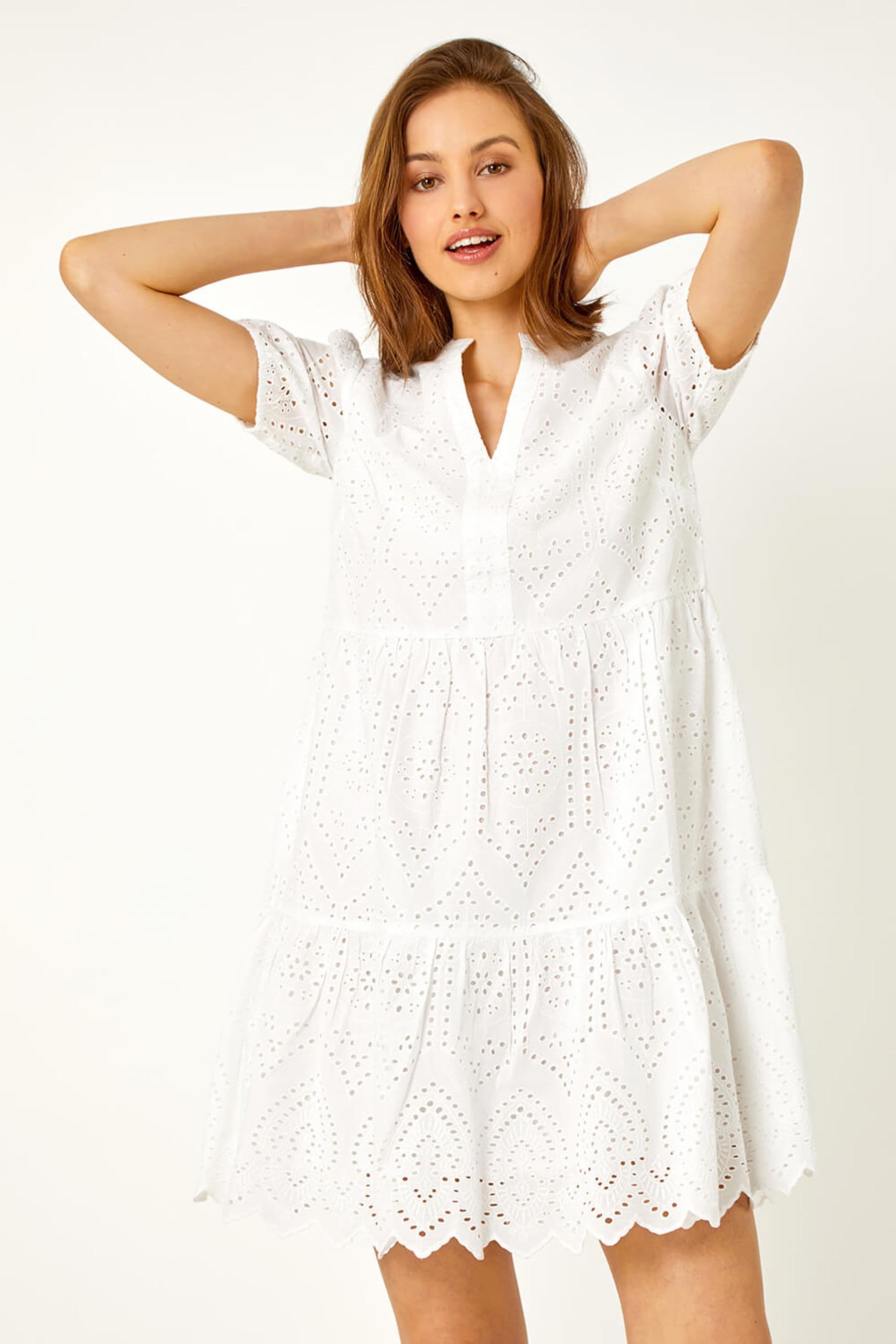 Roman White Embroidered Tiered Cotton Smock Dress