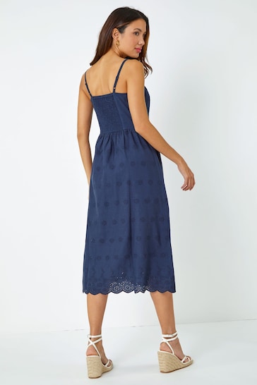 Roman Blue Cotton Blend Embroidered Stretch Dress