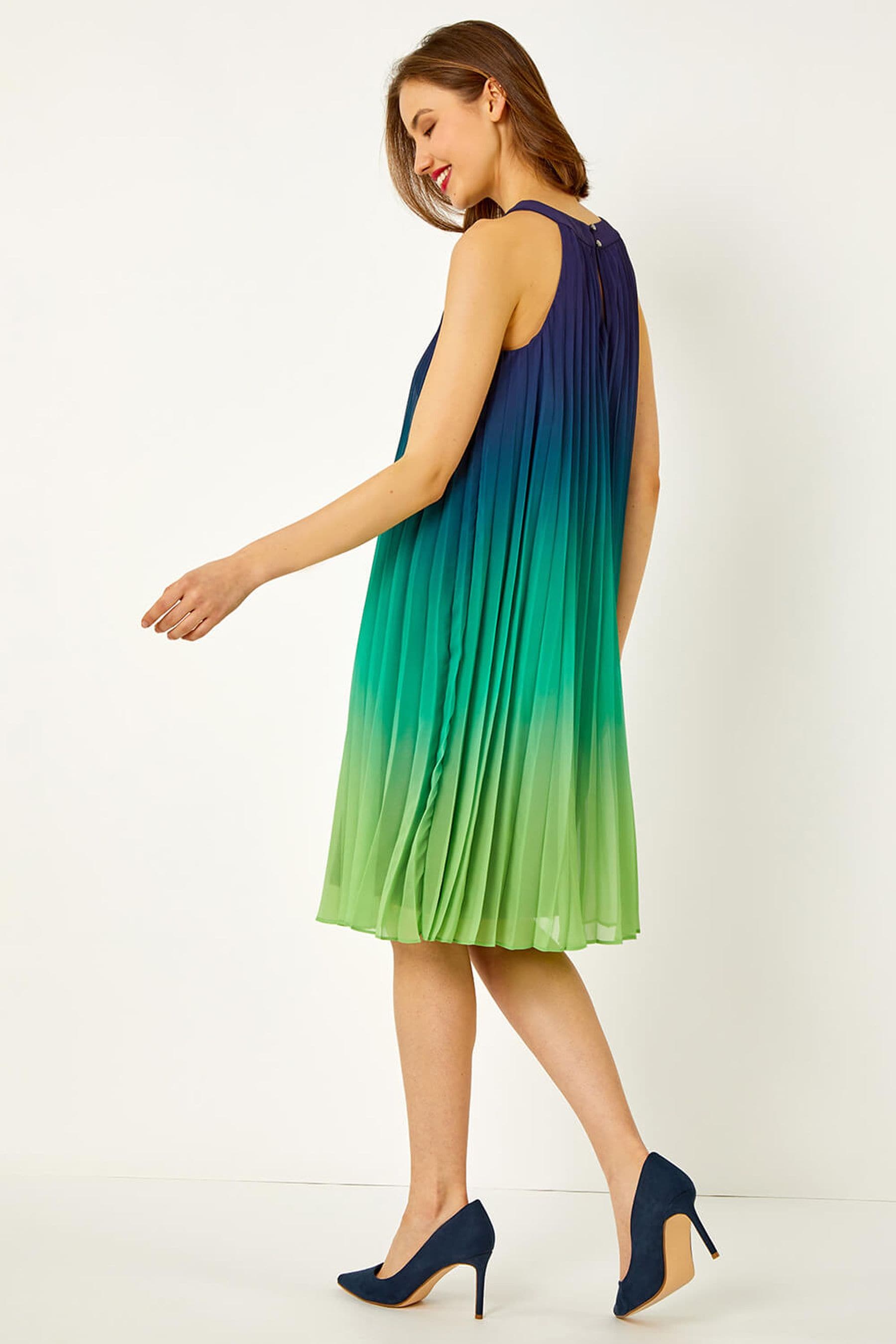 Buy Roman Blue Ombre Halter Neck Pleated Swing Dress from the Next