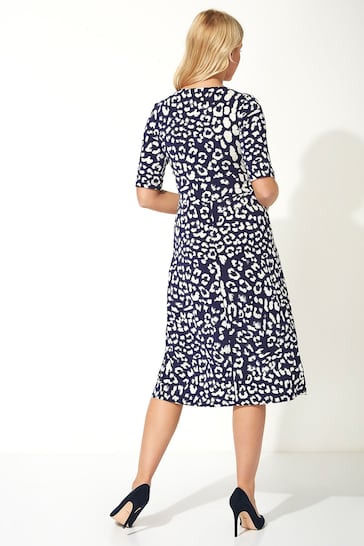 Roman Blue Animal Print Fit And Flare Dress