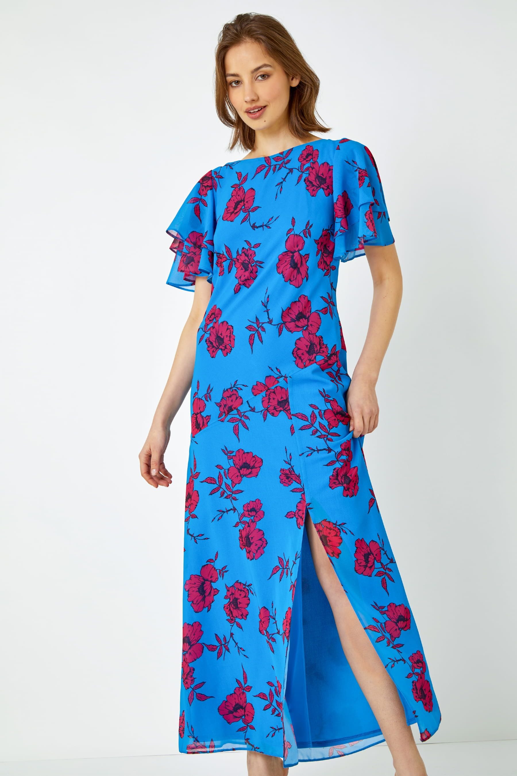 Roman Blue Floral Tiered Sleeve Maxi Dress