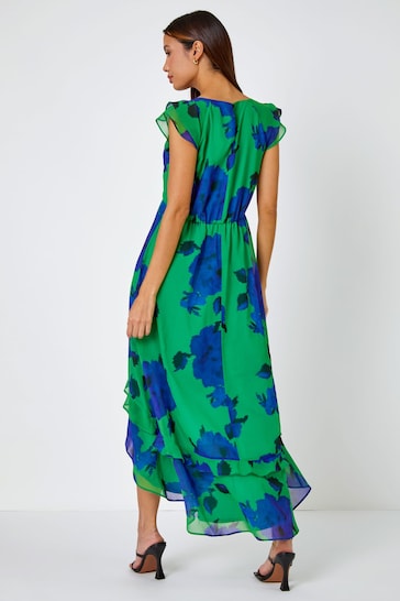 Roman Green Floral Print Frill Detail Midi Dress