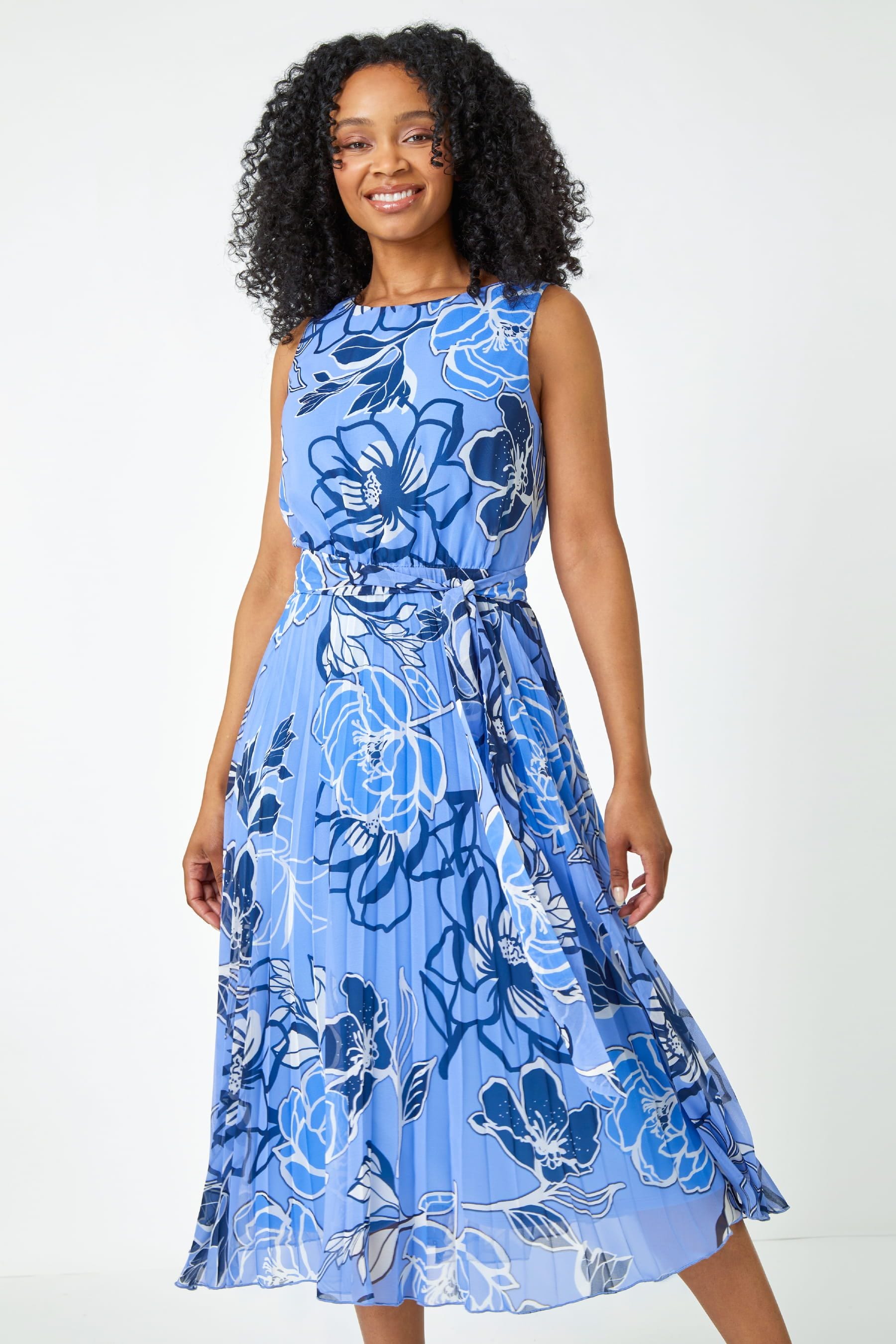 Buy Roman Blue Petite Floral Print Pleated Midi Dress from the