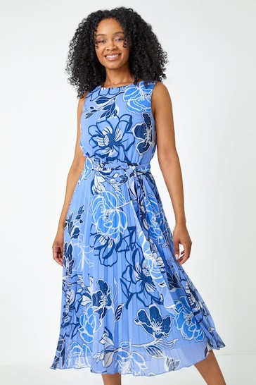 Roman Blue Petite Floral Print Pleated Midi Dress