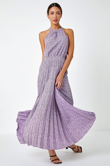 Roman Purple Ditsy Floral Halter Neck Maxi Dress
