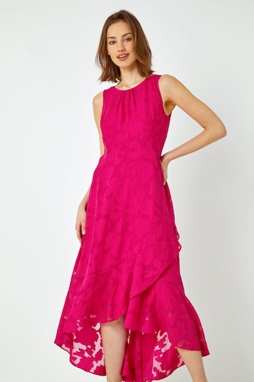 Roman Pink Swirl Jacquard Dipped Hem Midi Dress
